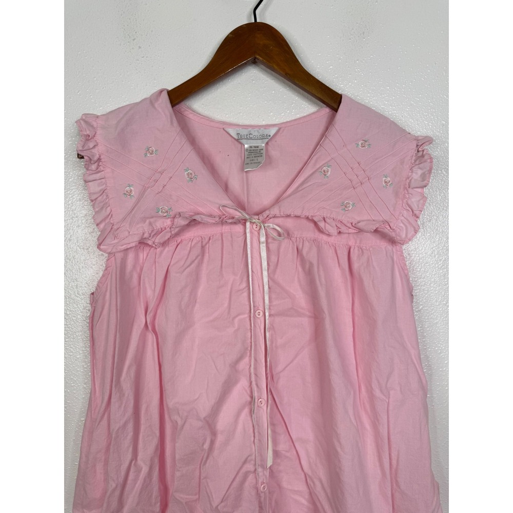 True Colors Vintage 1994 Pink Cotton Nightgown Floral Embroidered Ruffle Large - Picture 3 of 6